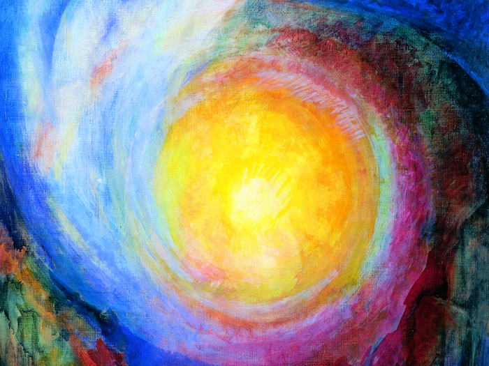 Expressives Gemälde mit einem leuchtend gelben Lichtkreis im Zentrum, umgeben von spiralförmigen Wirbeln in Blau, Weiß und Rot. Im Hintergrund sind dunkle Felsen und ein tiefblauer Sternenhimmel mit vereinzelten Lichtpunkten zu sehen.
